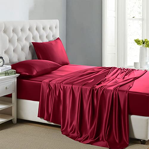 Lanest Housing Seidensatin-Bettlaken, 4-teiliges Queen-Size-Satin-Bettwäsche-Set mit tiefen Taschen, kühlend, weich und hypoallergen, Satin-Bettlaken für Queensize-Bett – Scharlachrot von Lanest Housing