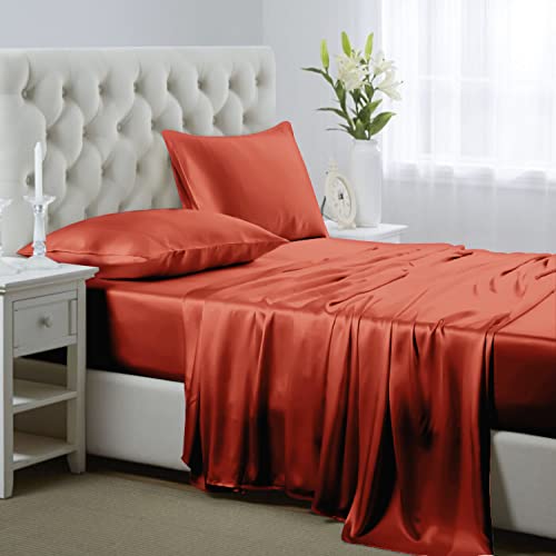 Lanest Housing Seidensatin-Bettlaken, 4-teiliges Queen-Size-Satin-Bettwäsche-Set mit tiefen Taschen, kühlend, weich und hypoallergen, Satin-Bettlaken für Queensize-Bett – gebranntes Orange von Lanest Housing