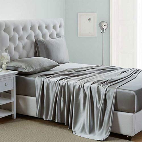 Lanest Housing Seidensatin-Bettlaken, 4-teiliges Satin-Bettwäsche-Set in voller Größe mit tiefen Taschen, kühlend weich und hypoallergen, Satin-Bettlaken, Hellgrau von Lanest Housing