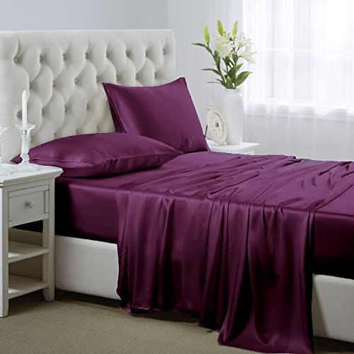 Lanest Housing Seidensatin-Bettlaken-Set, 4-teilig, volle Größe, Satin, mit tiefen Taschen, kühlende und weiche Satin-Bettlaken, Violett von Lanest Housing