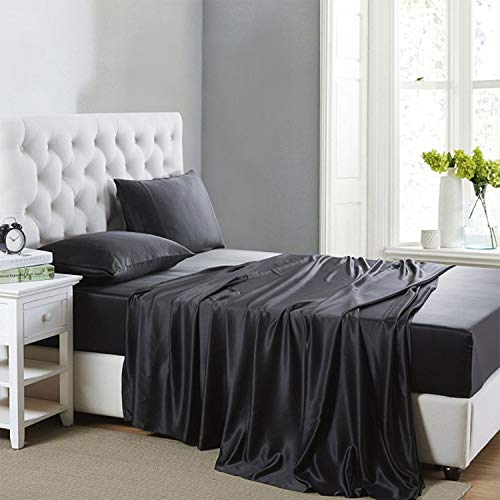 Lanest Housing Seidensatin-Bettwäsche-Set mit tiefen Taschen, kühlend weich und hypoallergen, Queen-Size-Größe, Schwarz von Lanest Housing