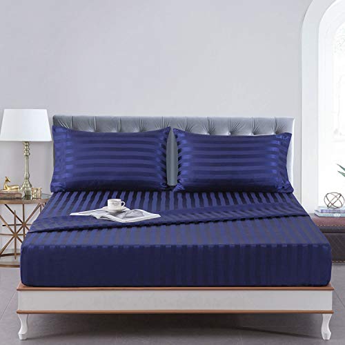 Satin-Seiden-Bettwäsche-Set, King-Size-Größe, Marineblau, weich, kühlend, tief, King-Size-Bettlaken, hypoallergen, Knitter- und lichtbeständig, 4-teilig, gestreift von Lanest Housing