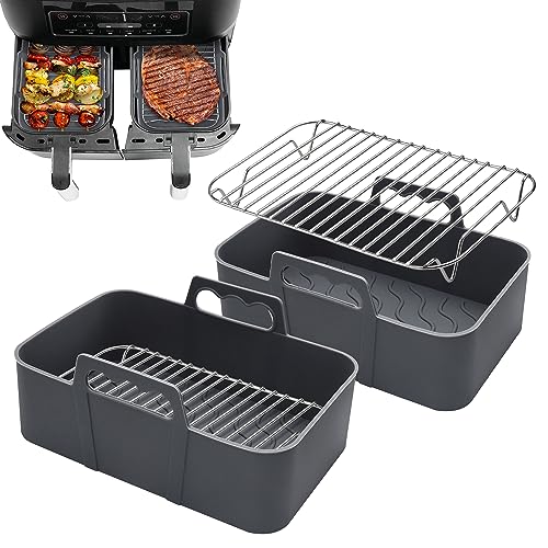 4 Stück Dual Air Fryer Liner & Air Fryer Racks Reusable Air Fryer Accessories Heat Resistant Non-Stick Food Tray Mats Bowl with Handle and Stainless Rack Compatible with Ninja air Fryer,Oven (Grey) von Lanfly