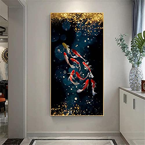 LangGe Wunderschönes Bild 60x120cm rahmenlose Koi Fisch Feng Shui Karpfen Lotus Teich Malerei Poster und Drucke Wandkunst Bilder Wohnzimmer Dekoration von LangGe