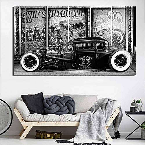 Leinwand Wandkunst 60x120cm ohne Rahmen Hot Rod Auto Vintage Schwarz-Weiß-Öldruck Poster Wandkunst Bild für Wohnzimmer Home Decoration von LangGe