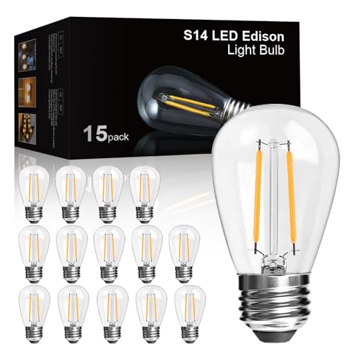 LangPlus+ 15er Pack 2W S14 LED Glühbirnen, E27 Sockel, 2700 K warmweiß, bruchsichere LED Edison Glühbirnen für Lichterketten im Freien, nicht dimmbar, 2 W entspricht 20 W Glühlampe von LangPlus+