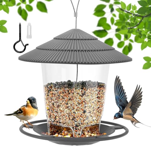Hangende Vogelfütterung für Garten im Freien, 820ML große Kapazität, 20cm witterungsdichtes Dach, 6 Fütterlöcher, Wilde Vogelfütterung mit Vogelfütterungsschale, grau von LangRay