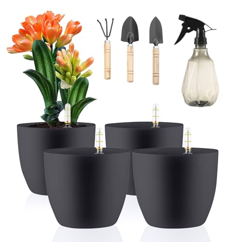 LangRay 4er-Set Blumentopf mit Wasseranzeiger, 15.5x13cm Klein Kunststoff Pflanztopf Selbstbewässerungstopf Wasserspeicher Hydrokultur Topf mit Bewässerungssystem Selbstbewässernd für Miniaturpflanzen von LangRay