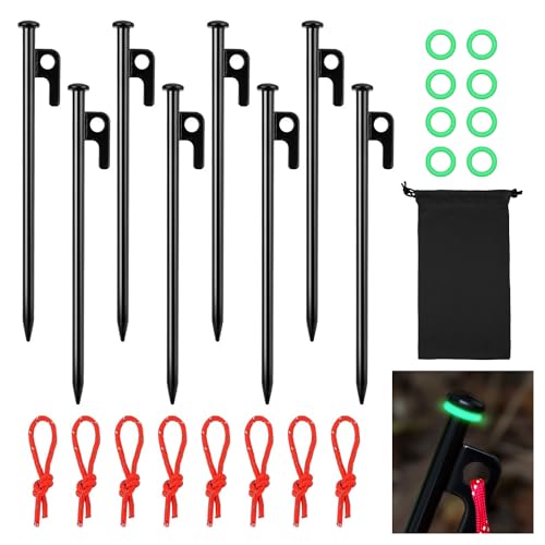 LangRay Zeltheringe Heringe, 8 Stück 20cm Lang Erdnägel Stabil mit Leuchtringen Reflektierend Seil, Zeltnagel Stahl im Freien, Bodenanker Sturmsicher Zelt Heringe für Camping Outdoor Wander von LangRay