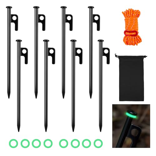LangRay Zeltheringe Heringe, 8 Stück 30cm Lang Erdnägel Stabil mit Leuchtringen Reflektierend Seil, Zeltnagel Stahl im Freien, Bodenanker Sturmsicher Zelt Heringe für Camping Outdoor Wander von LangRay