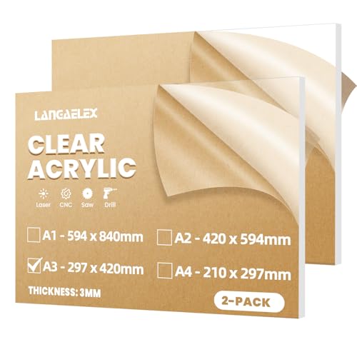 Langaelex 2er Set Acrylglas Platten Transparent 3mm, DIN A3 (297 x 420 mm) Zuschnitt Scheiben ultra klare Acrylplatte für Laserschneiden, Glasersatz, DIY- und Handwerksprojekt von Langaelex