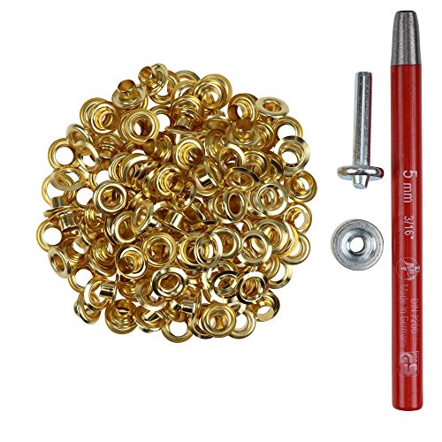 100 Stück Metall Ösen rostfrei (Eyelet) mit Scheiben 5 mm + Locheisen + Ösenwerkzeug (gold) von Langlauf Schuhbedarf