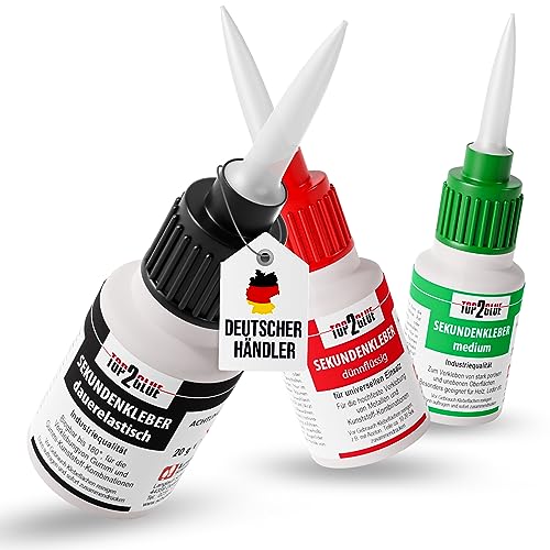 3x20g TOP2GLUE Sekundenkleber extra stark - chemische Schweißnaht - Superkleber dünnflüssig, mittelviskos, flexibel - Klebt Kunststoff, Metall, Leder, Holz, Gummi von Langlauf Schuhbedarf