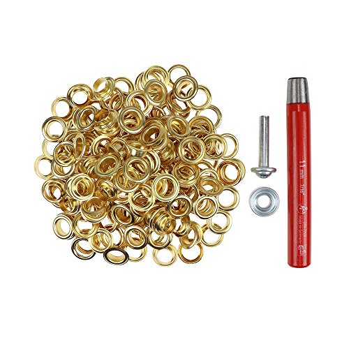 100 Stück Metall Ösen rostfrei (Eyelet) mit Scheiben 11 mm + Locheisen + Ösenwerkzeug (gold) von Langlauf Schuhbedarf
