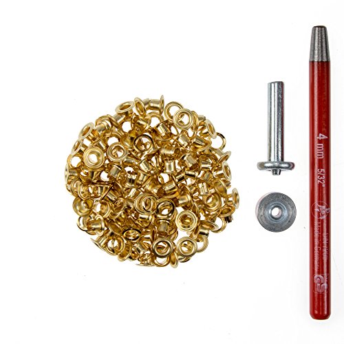 100 Stück Metall Ösen rostfrei (Eyelet) mit Scheiben 4 mm + Locheisen + Ösenwerkzeug (gold) von Langlauf Schuhbedarf