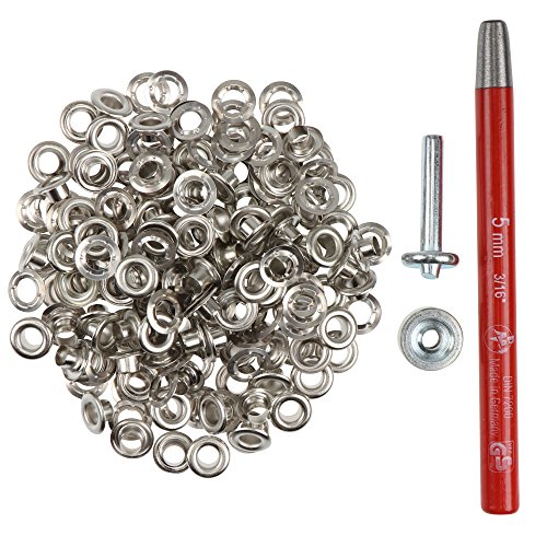 100 Stück Metall Ösen rostfrei (Eyelet) mit Scheiben 5 mm + Locheisen + Ösenwerkzeug (silber) von Langlauf Schuhbedarf
