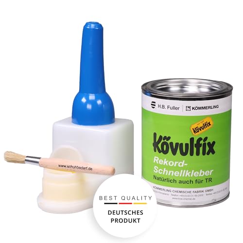 Kövulfix Rekord 600g Schnellkleber + Sparbehälter 0,4l + Auftragspinsel Kontaktkleber Universalkleber Lederkleber Schuhkleber - wasserfest, extra stark und elastisch - klebt Schuhsohlen, Leder, Metall von Langlauf Schuhbedarf