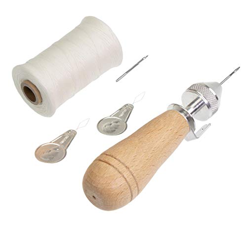 Profi Ledernäh-Set mit Handnähapperat Nähahle Sattlerahle + gewachstem Garn + Einfädler +Ersatznadel - Handnähmaschine für dicke Stoffe - Sattlergarn - Ledergarn - Polstergarn (weiss) von Langlauf Schuhbedarf