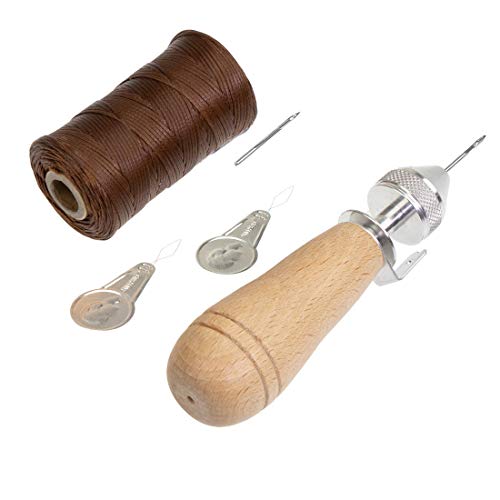 Profi Ledernäh-Set mit Handnähapperat Nähahle Sattlerahle + gewachstem Garn + Einfädler +Ersatznadel - Handnähmaschine für dicke Stoffe - Sattlergarn - Ledergarn - Polstergarn (braun) von Langlauf Schuhbedarf