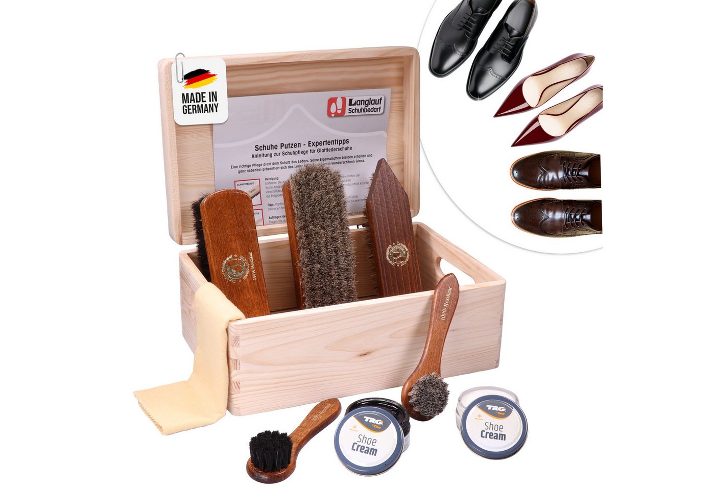 Langlauf Schuhbedarf Reinigungsbürsten-Set Schuhputzkasten Milano mit Rosshaar Bürsten - 9-teilig Langlauf Schuhbedarf Reinigungsbürsten-Set Schuhputzkasten Milano mit Rosshaar Bürsten - 9-teilig von Langlauf Schuhbedarf