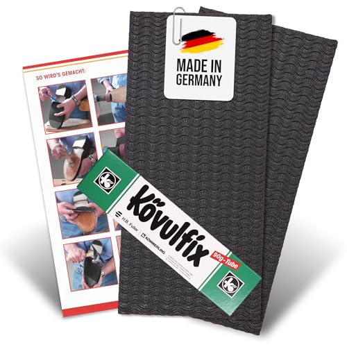 Langlauf Schuhbedarf Schuhsohlen Reparatur Set mit Kövulfix 90g + 2 Stück schwarze Gummiplatten + Anleitung -Schuhreparatur Set - Schuhsohlengummi, Schuhkleber von Langlauf Schuhbedarf