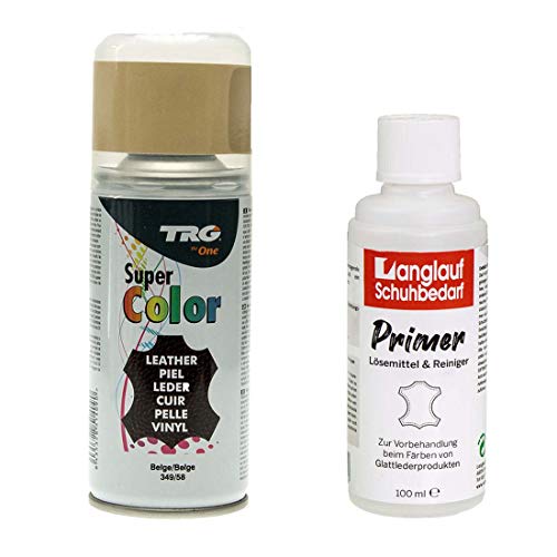 TRG Lederfarbspray 150ml Lederfarbe + Primer & Lederreiniger 100ml für Glattleder | Spray für Schuhe, Kunstleder & Stoffe, starke Deckkraft, viele Farben inkl. Metallic (beige 349/58) von Langlauf Schuhbedarf