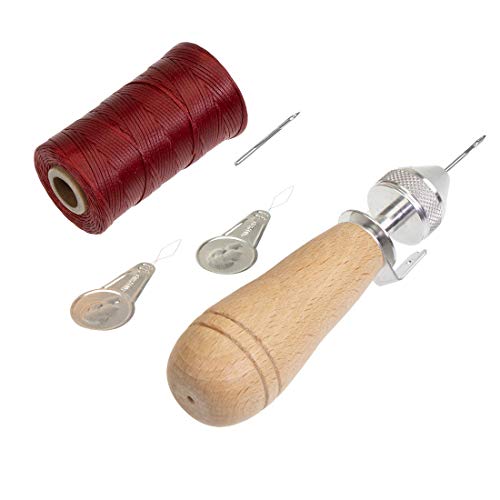 Profi Ledernäh-Set mit Handnähapperat Nähahle Sattlerahle + gewachstem Garn + Einfädler +Ersatznadel - Handnähmaschine für dicke Stoffe - Sattlergarn - Ledergarn - Polstergarn (bordeaux) von Langlauf Schuhbedarf
