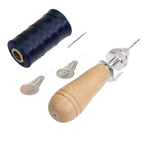 Profi Ledernäh-Set mit Handnähapperat Nähahle Sattlerahle + gewachstem Garn + Einfädler +Ersatznadel - Handnähmaschine für dicke Stoffe - Sattlergarn - Ledergarn - Polstergarn (dunkelblau) von Langlauf Schuhbedarf