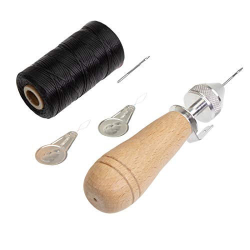 Profi Ledernäh-Set mit Handnähapperat Nähahle Sattlerahle + gewachstem Garn + Einfädler +Ersatznadel - Handnähmaschine für dicke Stoffe - Sattlergarn - Ledergarn - Polstergarn (schwarz) von Langlauf Schuhbedarf
