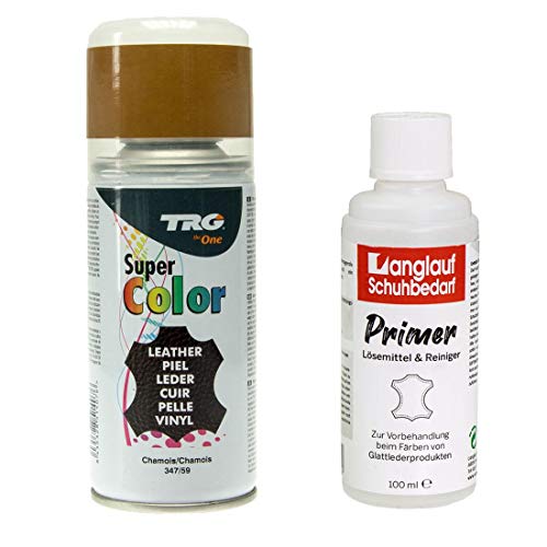 TRG Lederfarbspray 150ml Lederfarbe + Primer & Lederreiniger 100ml für Glattleder | Spray für Schuhe, Kunstleder & Stoffe, starke Deckkraft, viele Farben inkl. Metallic (chamois 347/59) von Langlauf Schuhbedarf
