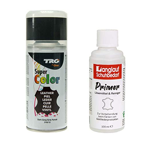 TRG Lederfarbspray 150ml Lederfarbe + Primer & Lederreiniger 100ml für Glattleder | Spray für Schuhe, Kunstleder & Stoffe, starke Deckkraft, viele Farben inkl. Metallic (dunkelgrau 318/12) von Langlauf Schuhbedarf