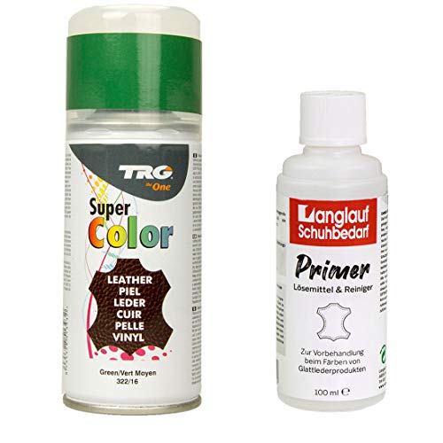 TRG Lederfarbspray 150ml Lederfarbe + Primer & Lederreiniger 100ml für Glattleder | Spray für Schuhe, Kunstleder & Stoffe, starke Deckkraft, viele Farben inkl. Metallic (gruen 322/16) von Langlauf Schuhbedarf
