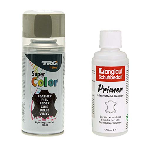 TRG Lederfarbspray 150ml Lederfarbe + Primer & Lederreiniger 100ml für Glattleder | Spray für Schuhe, Kunstleder & Stoffe, starke Deckkraft, viele Farben inkl. Metallic (hellgrau 320/10) von Langlauf Schuhbedarf