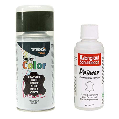 TRG Lederfarbspray 150ml Lederfarbe + Primer & Lederreiniger 100ml für Glattleder | Spray für Schuhe, Kunstleder & Stoffe, starke Deckkraft, viele Farben inkl. Metallic (olive 325/77) von Langlauf Schuhbedarf