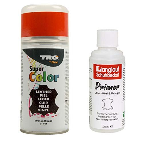 Langlauf Schuhbedarf TRG Lederfarbspray 150ml Dose Lederfarbe + Primer Lederreiniger 100ml zum Umfärben von Glattleder (orange 314/66) von Langlauf Schuhbedarf