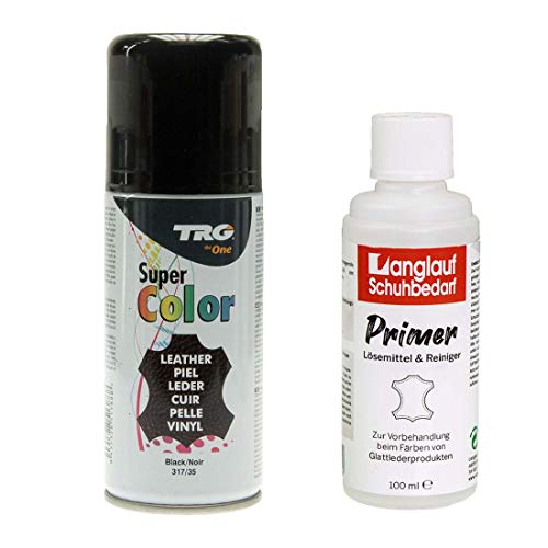 TRG Lederfarbspray 150ml Lederfarbe + Primer & Lederreiniger 100ml für Glattleder | Spray für Schuhe, Kunstleder & Stoffe, starke Deckkraft, viele Farben inkl. Metallic (schwarz 317/35) von Langlauf Schuhbedarf