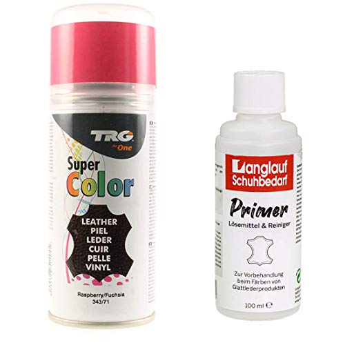 TRG Lederfarbspray 150ml Lederfarbe + Primer & Lederreiniger 100ml für Glattleder | Spray für Schuhe, Kunstleder & Stoffe, starke Deckkraft, viele Farben inkl. Metallic (fuchsia 373/71) von Langlauf Schuhbedarf