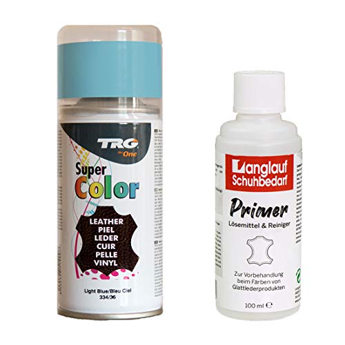 TRG Lederfarbspray 150ml Lederfarbe + Primer & Lederreiniger 100ml für Glattleder | Spray für Schuhe, Kunstleder & Stoffe, starke Deckkraft, viele Farben inkl. Metallic (hellblau 334/36) von Langlauf Schuhbedarf