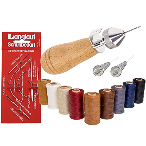 Werkstatt Ledernähset mit Handnähapparat (Nähahle) + 9 x farbiges Ledergarn + 2 x Einfädler + Nadelsortiment von Langlauf Schuhbedarf