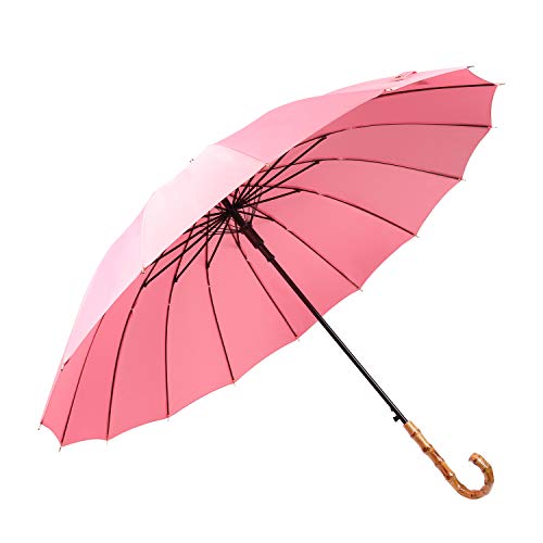 Lanker KS08P Regenschirm, lang, mit 16 Streben zum Öffnen und Schließen, manuell, langlebig und strapazierfähig, 210T, wasserdicht, winddicht, Sport, Rosa von Lanker
