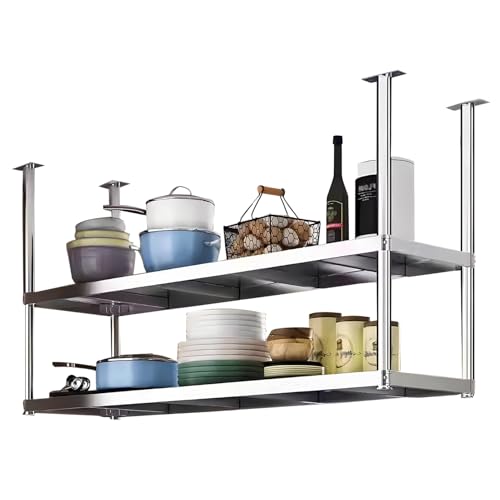 An der Decke montiertes Regal, schwebendes Regal, Küchenregal, 2-stufiges Edelstahl-Wohnaccessoires-Display, Pflanzenregal, Blumentopfständer für Restaurant, Bar, Balkon(110x35x80cm) von Lanmmraifc