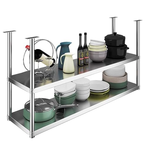 Deckenhängeregale, 2-lagige schwebende Dekorationsregale aus Edelstahl, an der Decke montiertes Küchengeschirr-Aufbewahrungsregal, Blumentopfständer für Zuhause, Restaurants, Bars(120x35x80cm) von Lanmmraifc