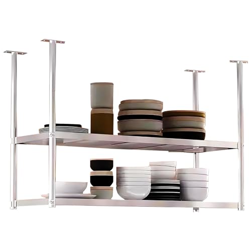 Deckenregal, 2-lagig, hängendes Display, Küchenaufbewahrung, Weinregal, schwebende Regale aus Edelstahl 304, Blumentopfständer, Geschirr-Organizer für Bars/Wohnzimmer/Restaurants(110x35x80cm) von Lanmmraifc