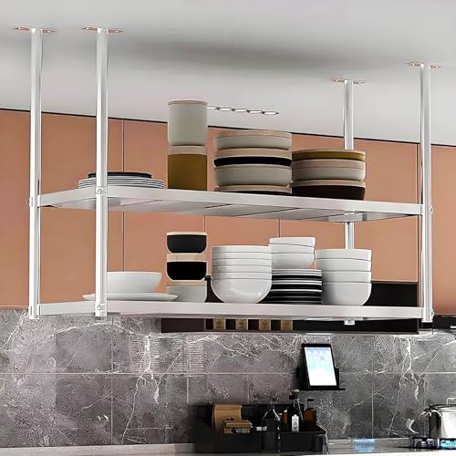 Lanmmraifc Decken-Lagerregal, Hängeregale aus Edelstahl 304, 2-stufiges schwebendes Weinregal, Blumentopfständer, Dekorationshalter für die Restaurant-Küchenbar (110x35x80cm) von Lanmmraifc