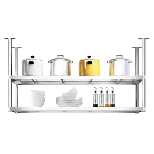 Lanmmraifc Deckenhängeregal, Küchenregal, 2-lagiges schwebendes Hängeregal aus Edelstahl, Weinhalter, Blumenständer, Geschirr-Organizer für Restaurant, Bar-Dekoration(120x35x80cm) von Lanmmraifc