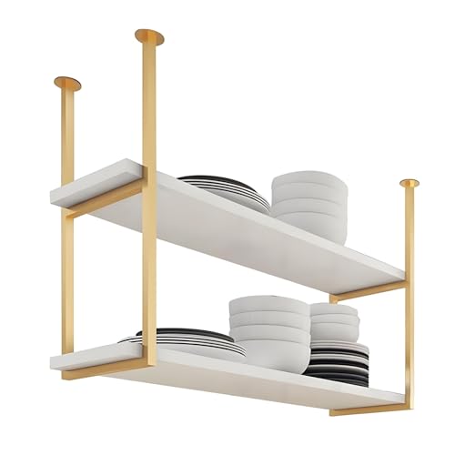 Lanmmraifc Schwebende Regale, 2-stufiges Decken-Aufbewahrungsregal für Aufhängen von Küchentöpfen und Pfannen, Ausstellungsregale aus Metall, Eisen und Holz für Restaurant, Bar(130x30x80cm) von Lanmmraifc