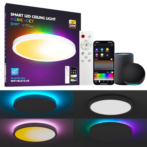 Lanmonlily Deckenleuchte LED, 30 W, RGB+IC, WLAN-App-Steuerung, kompatibel mit Alexa und Google, mit Fernbedienung dimmbare RGB-Deckenbeleuchtung für Schlafzimmer, Kinderzimmer, Flure, Balkon. von Lanmonlily