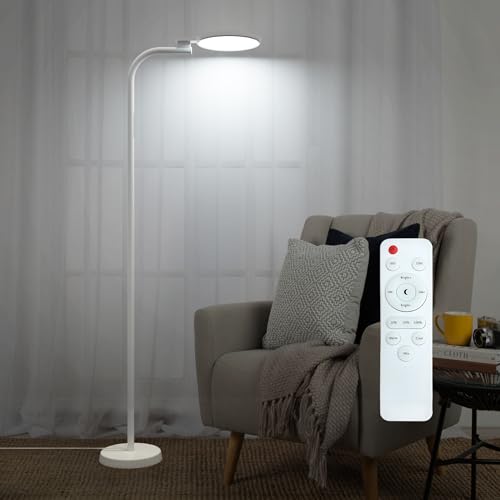 Lanmonlily LED Stehlampe, 10W Dimmbare Stehlampe, Weiß Schwanenhals-Design dreht sich um 360°, mit Fernbedienung, ideale zeitgesteuerte Stehlampe für Wohnzimmer und Schlafzimmer. von Lanmonlily