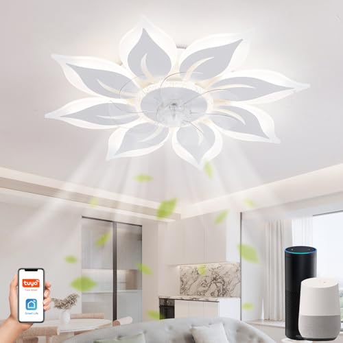 Lanmorn Deckenleuchte mit Ventilator und Fernbedienung, Weiß Blumen Deckenventilatoren mit 8 Lampen, LED Dimmbar 3000K-6500K, 8600LM, Reversibel DC Motor, Kompatibel mit Alexa, Google von Lanmorn