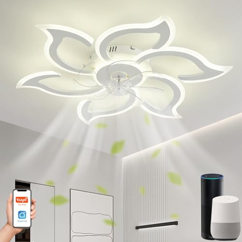 Lanmorn Smart Deckenleuchte mit Ventilator Blume, Kompatibel mit Alexa und Google Home, Deckenventilator mit Beleuchtung und Fernbedienung Leise, 72W 6800LM Dimmbar für Schlafzimmer Küche, Weiß von Lanmorn